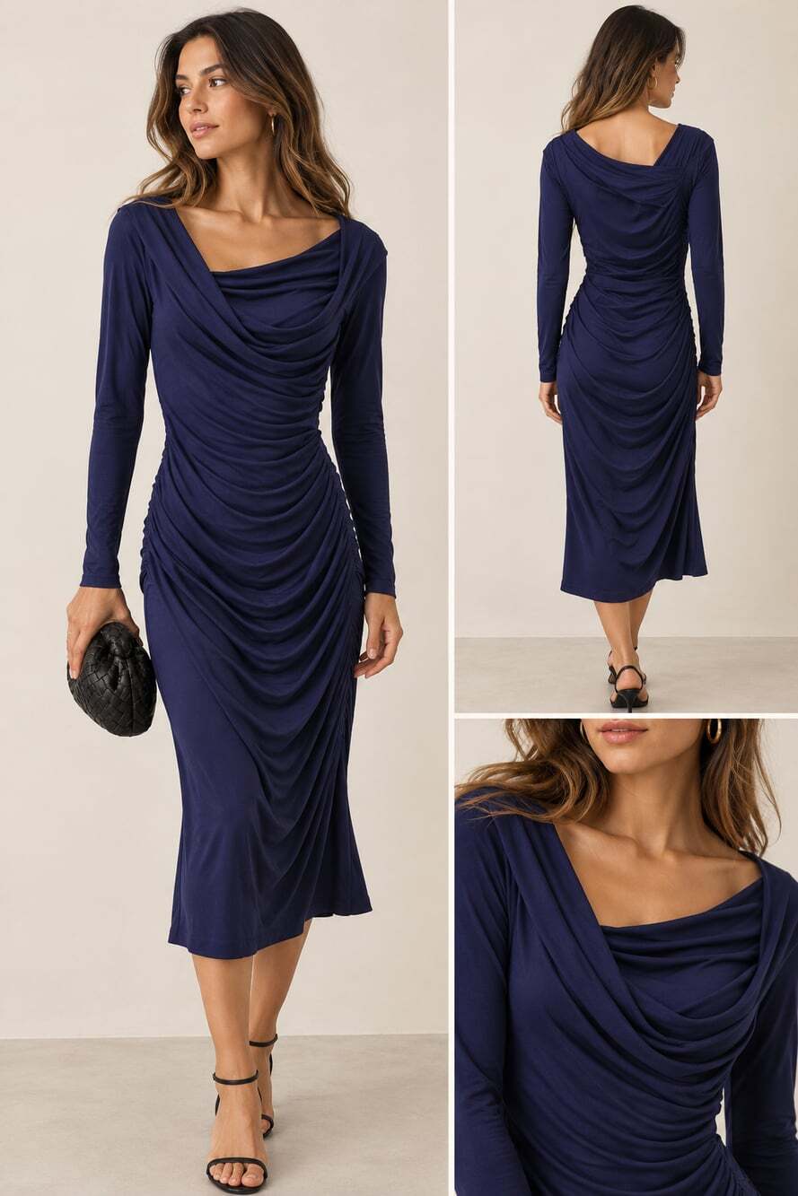Diane von Furstenberg DVF Navy Blue Ruched Draped Midi Dress Size M